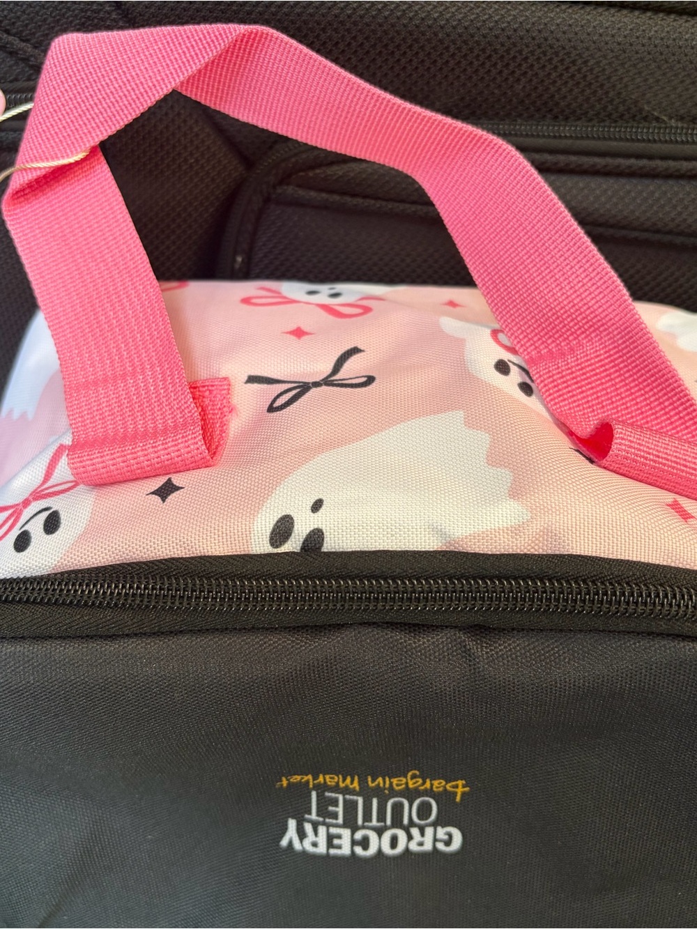Pink Ghost-Print Travel Tote Bag with Contrasting Black Base